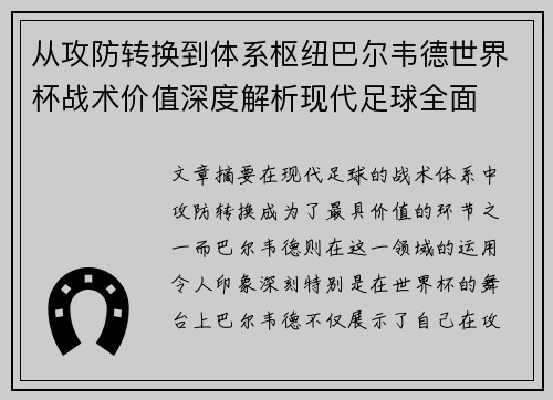 从攻防转换到体系枢纽巴尔韦德世界杯战术价值深度解析现代足球全面