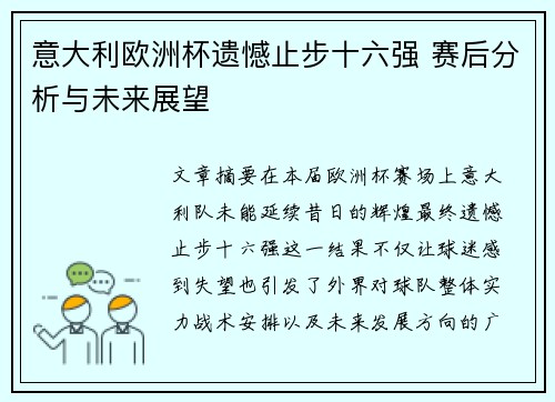 意大利欧洲杯遗憾止步十六强 赛后分析与未来展望
