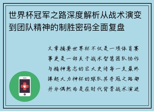 世界杯冠军之路深度解析从战术演变到团队精神的制胜密码全面复盘